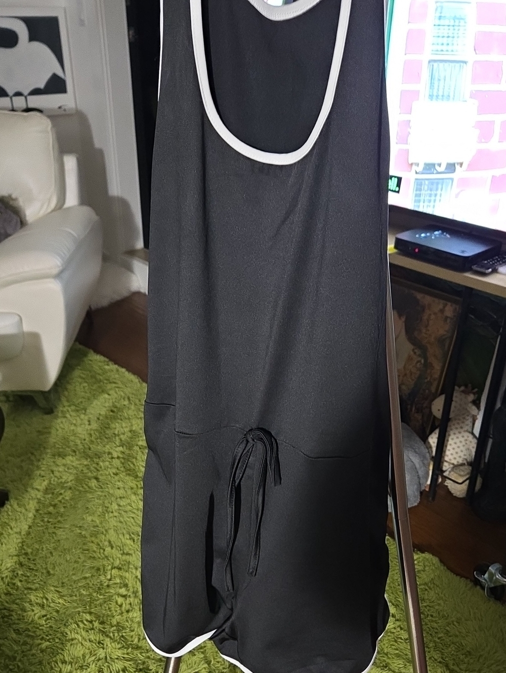 Black Tank Shortall with White Trim - Casual Drawstring Waist